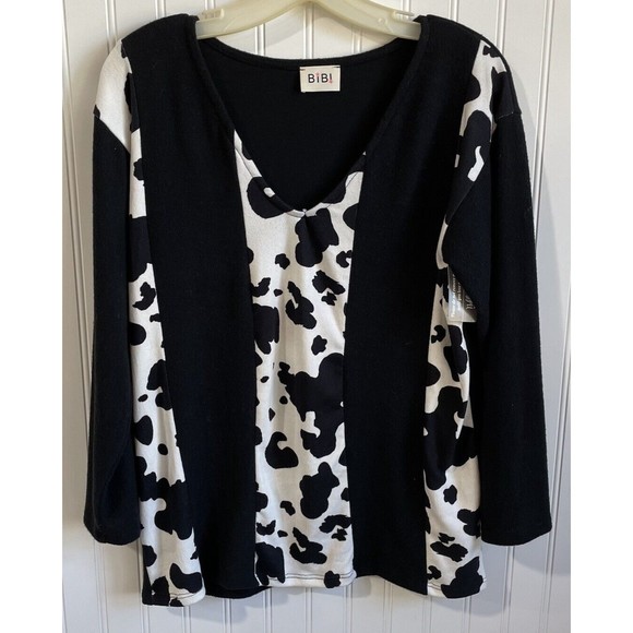 Bibi Womens Small‎ Black Cow Print Color Block Knit Sweater NWT - Picture 1 of 9